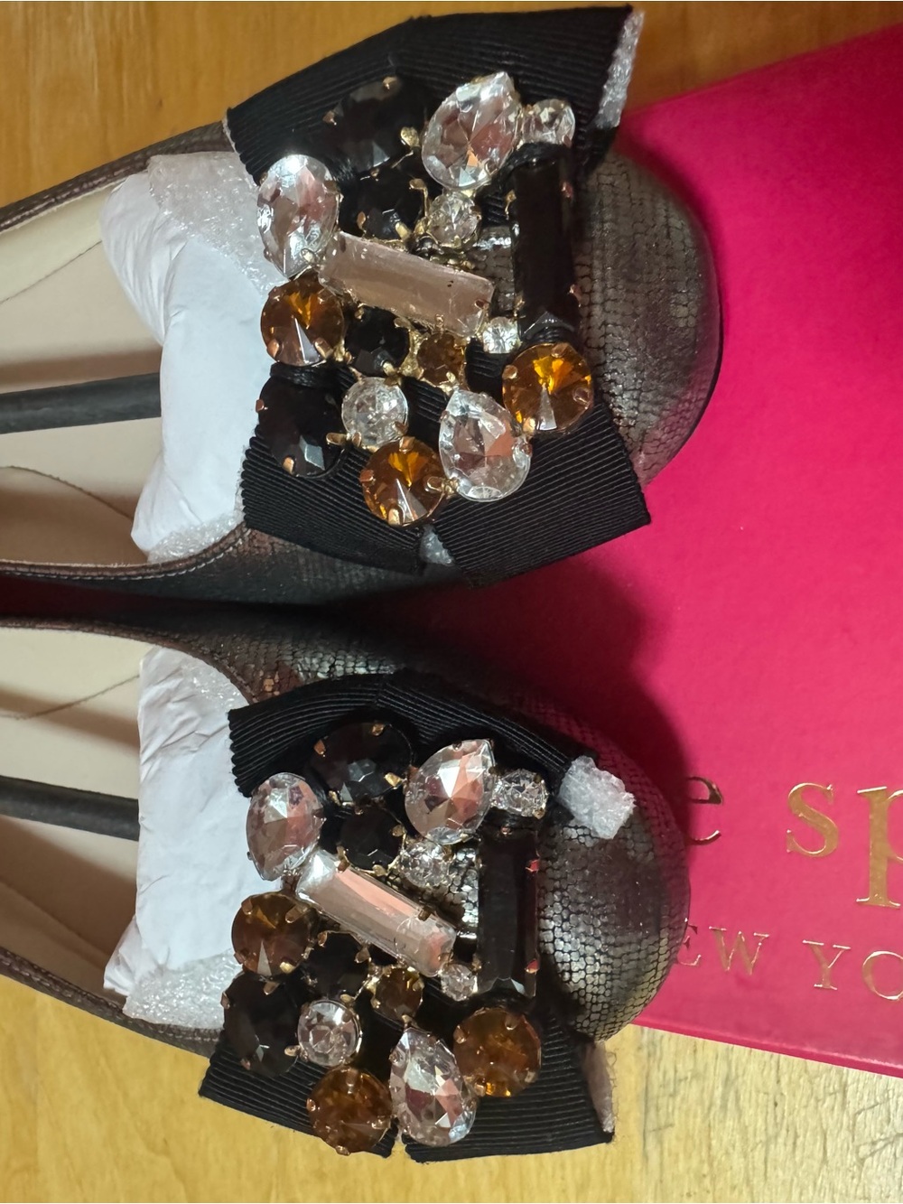 NEW Kate Spade Juno Pewter Metallic Lizard Emboss Leather Flats w/Embellishments